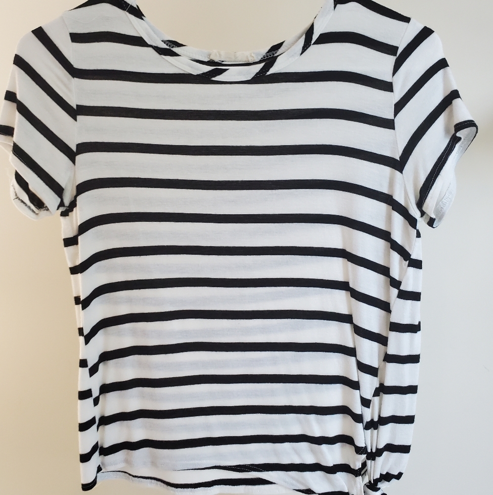 Black and white striped tie side shirt